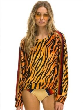 PRE-OWNED  Aviator Nation Orange and Black Tiger Stripe Velvet Crewneck 🐯